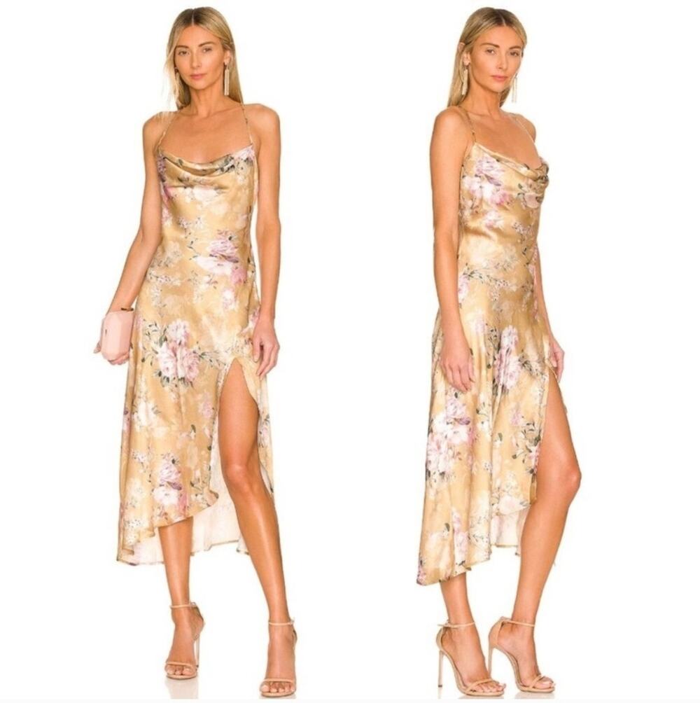 ASTR The Label Gaia Floral Mustard Cowl Neck Assymetrical Midi Dress Size Xs